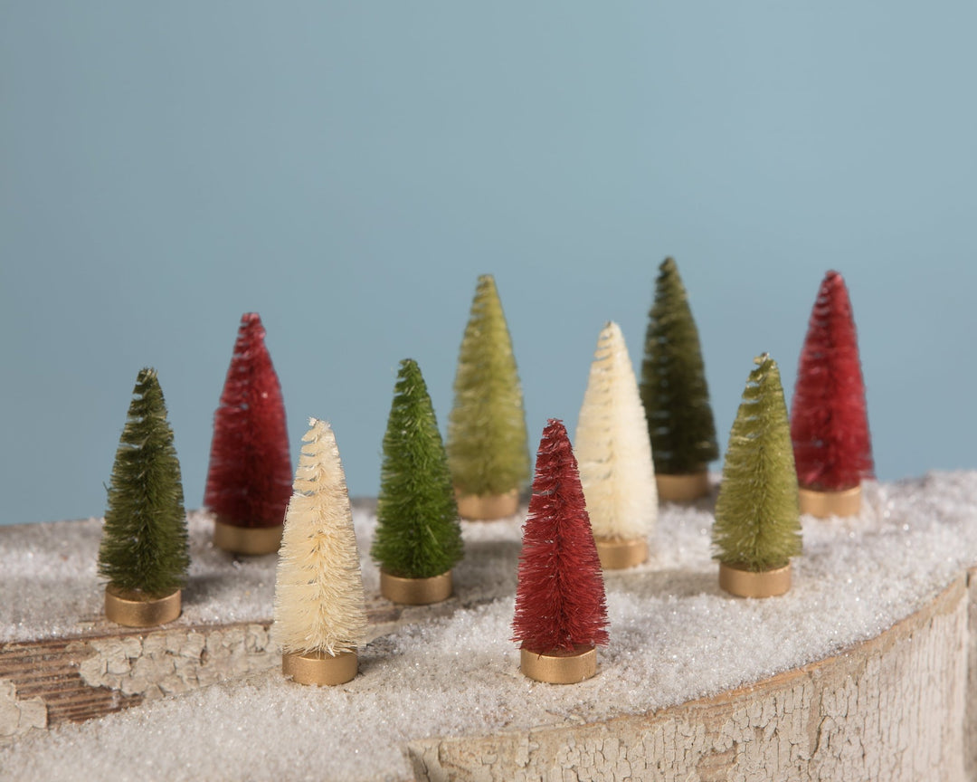 Traditional bottle brush Christmas trees in a box by Bethany Lowe