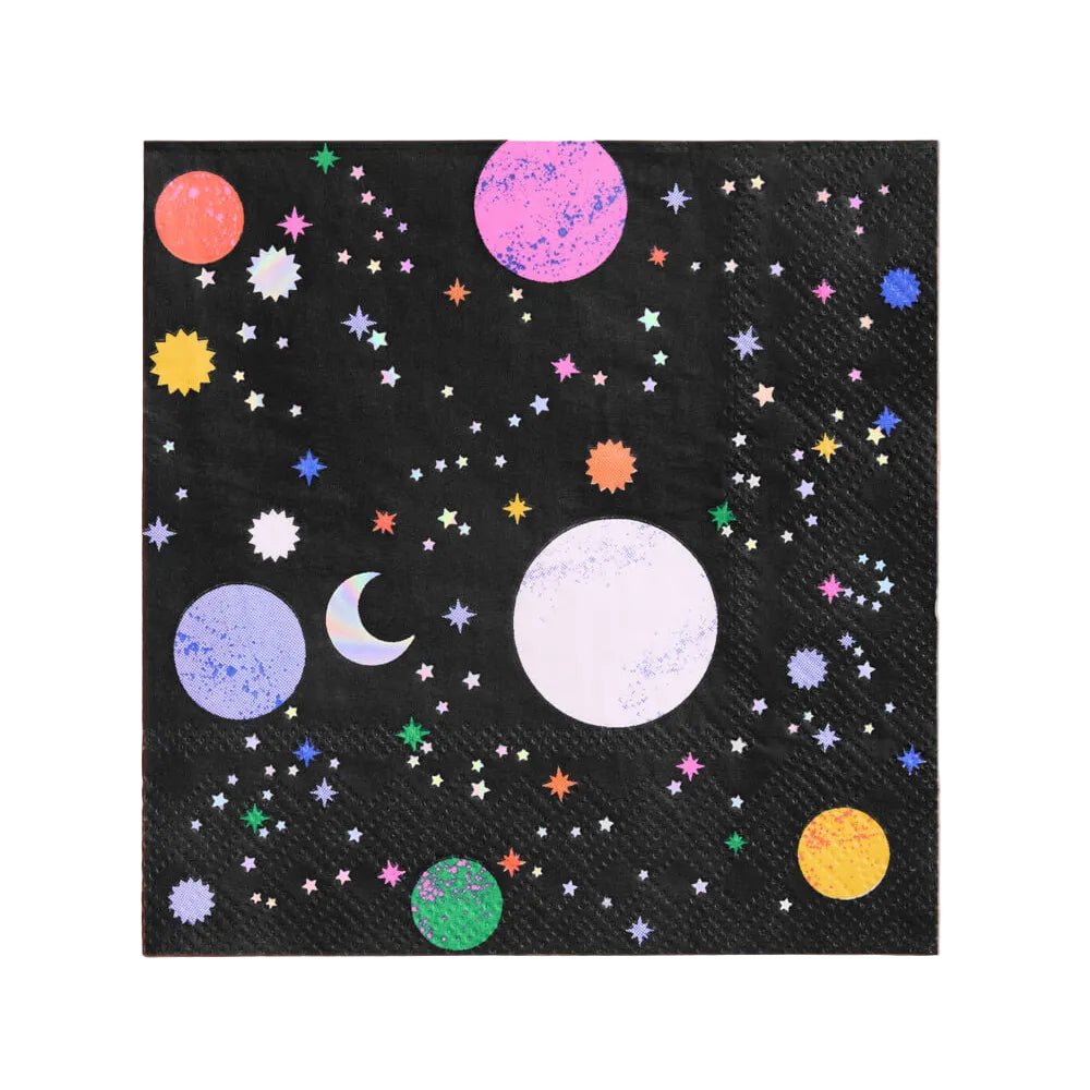 Napkin with space-themed design featuring planets and stars on a black background