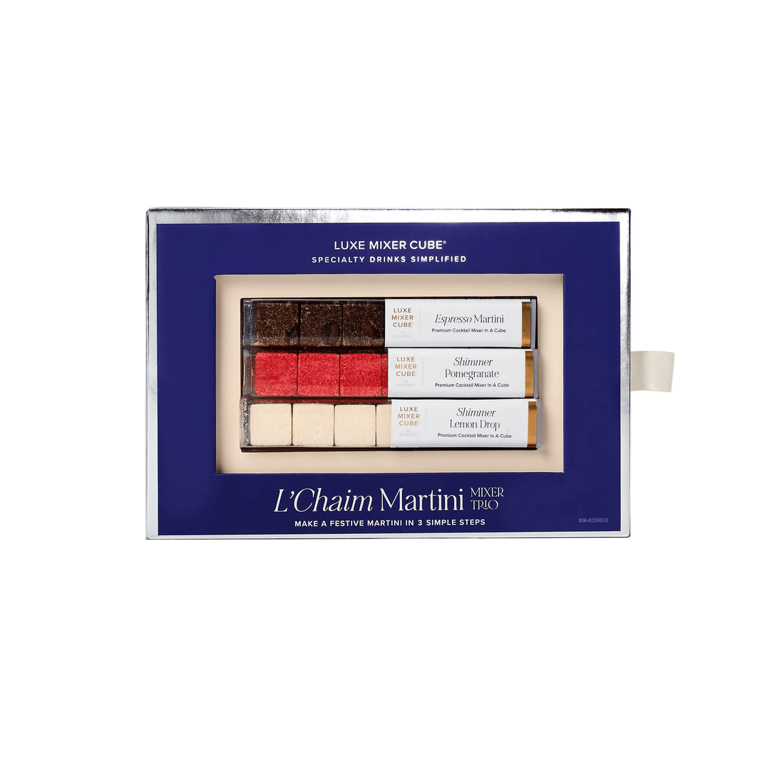 L'Chaim martini mixer cubes box in espresso martini, pomegranate, and lemon drop