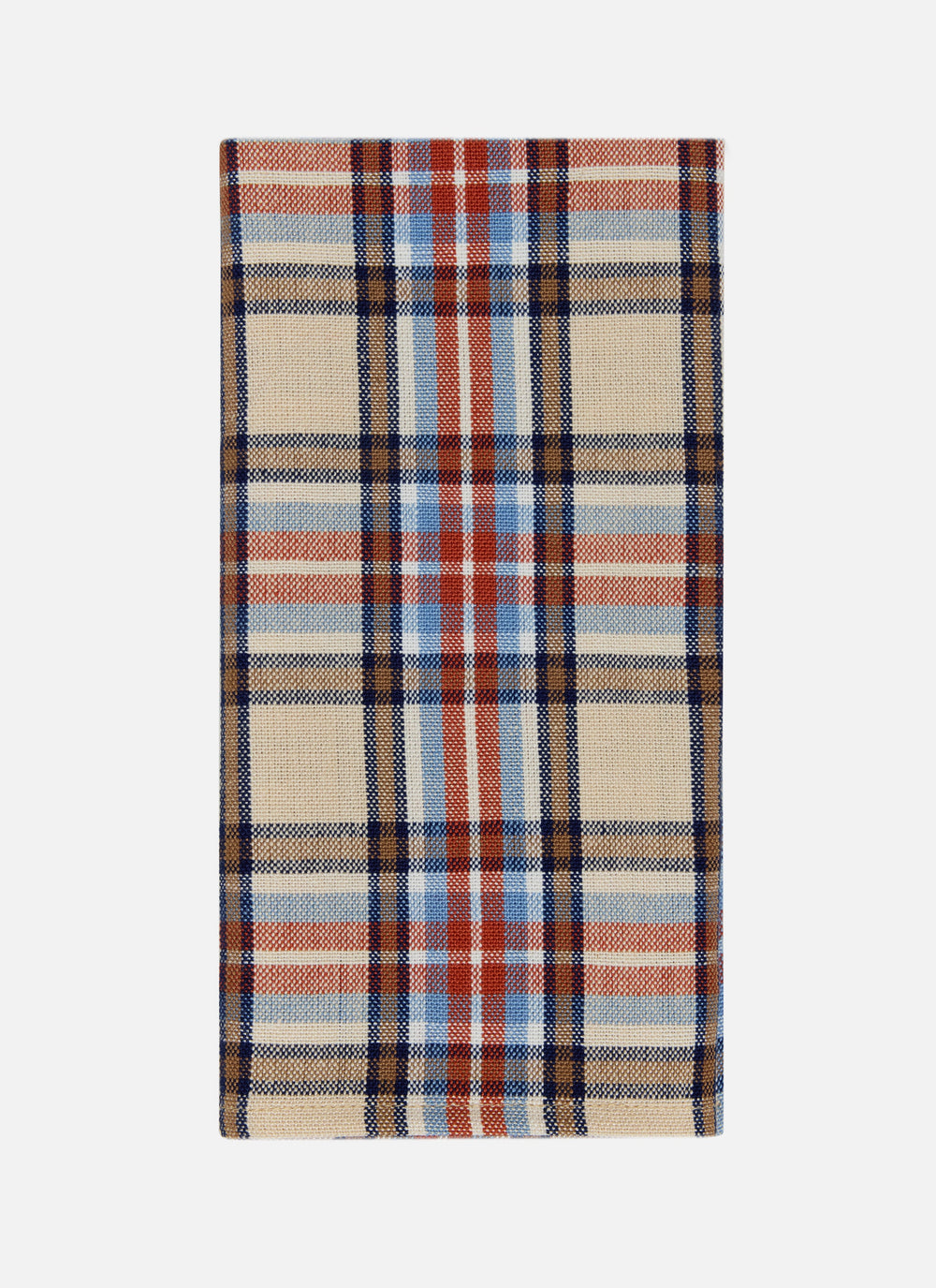 Single Laurel plaid cotton napkin folded to show the cream, red, navy, and pale blue check