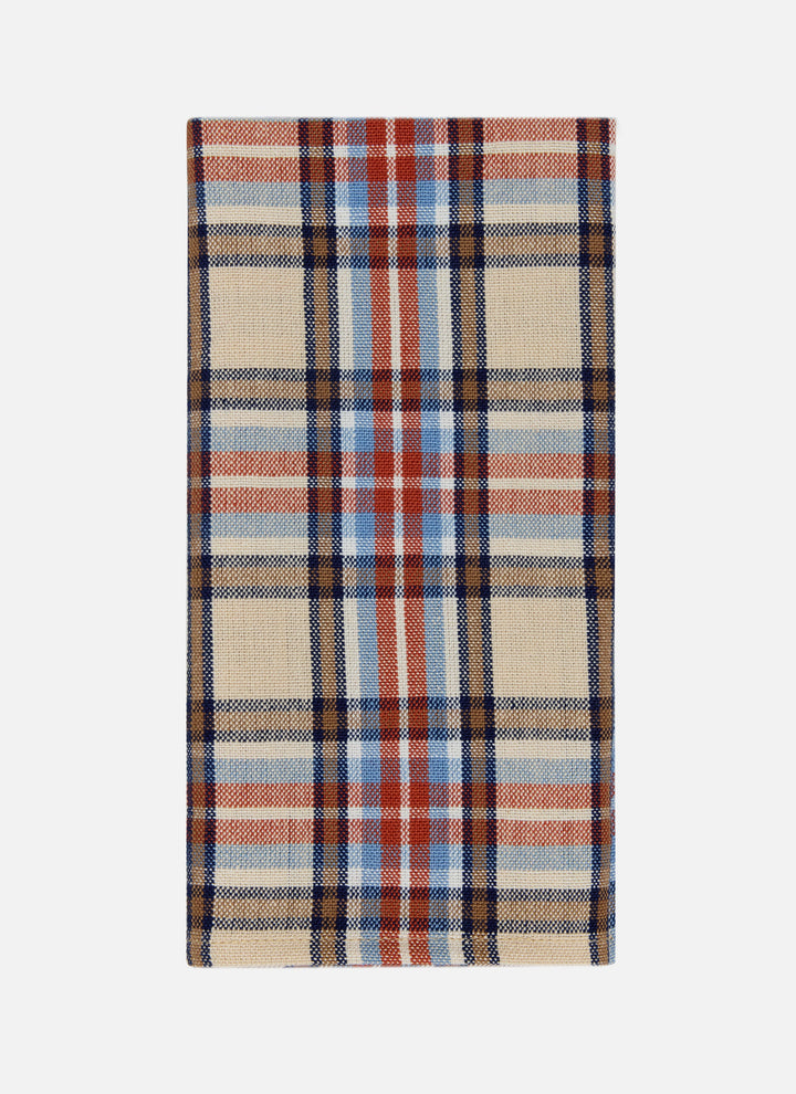 Single Laurel plaid cotton napkin folded to show the cream, red, navy, and pale blue check