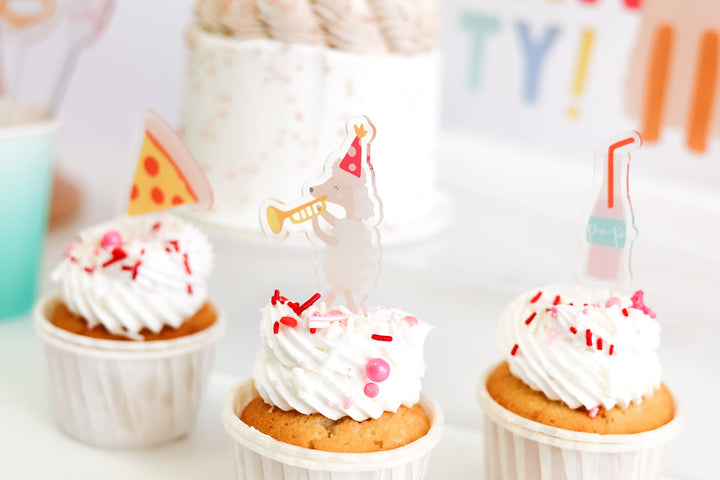 Joyeux Company Let's Pawty acrylic mini toppers for a dog birthday dessert table