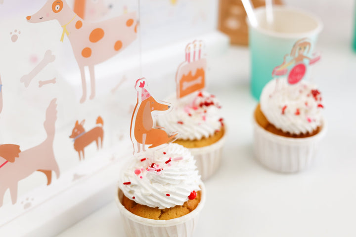 Acrylic puppy themed mini cupcake toppers in the Let's Pawty design