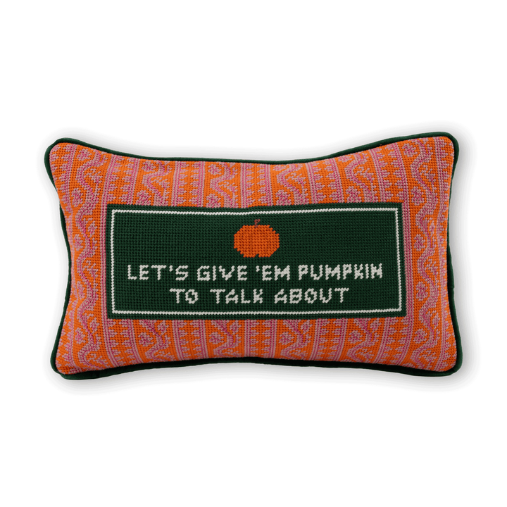 Let's Give Em Pumpkin to Talk About needlepoint pillow with a pumpkin on orange for a fall or Halloween gift