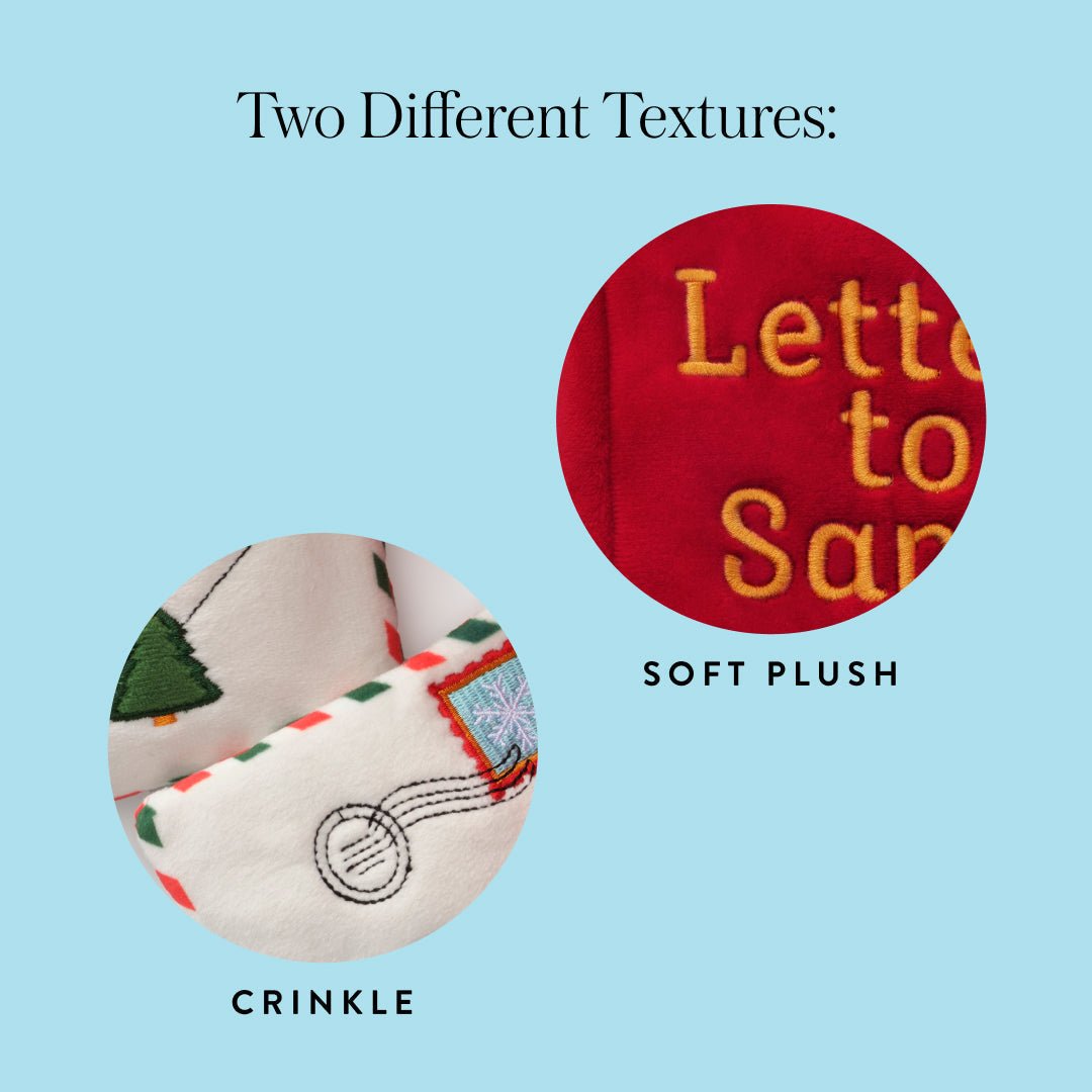 Letters to Santa dog toy texture graphic comparing soft red plush with crinkly white envelope material.