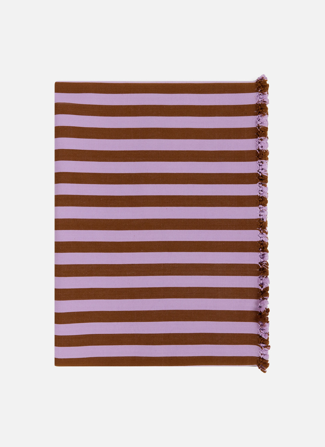 Folded lilac and brown stripe cotton tablecloth shown flat with tassels along one edge