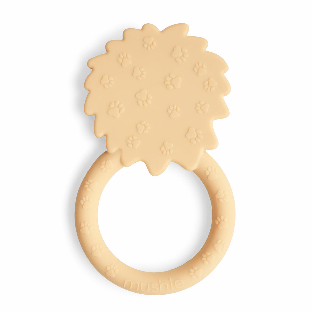 Back of the Mushie lion silicone ring teether in yellow