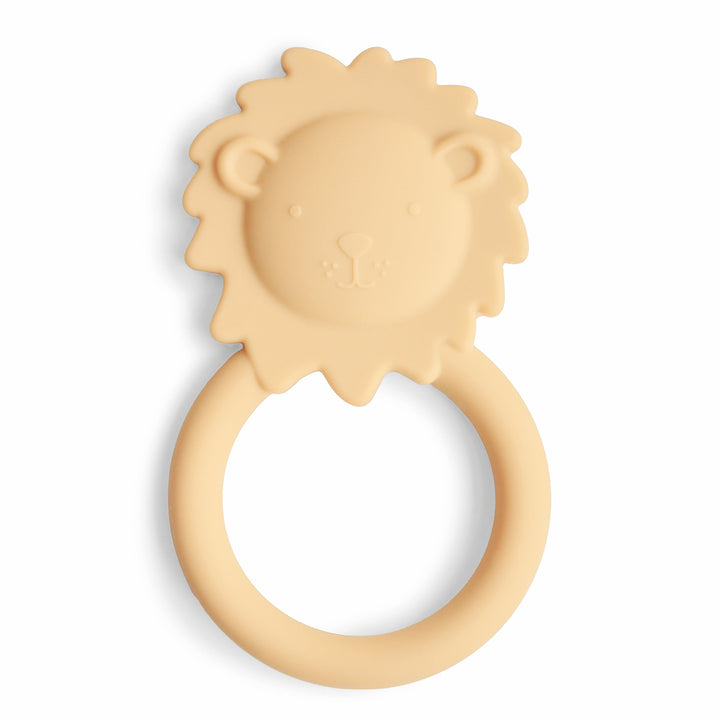 Mushie lion silicone ring teether in yellow, front view