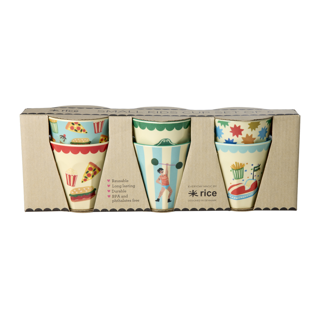 Mint Fun Fair print small melamine kids cups by Rice By Rice, set of six in a gift box