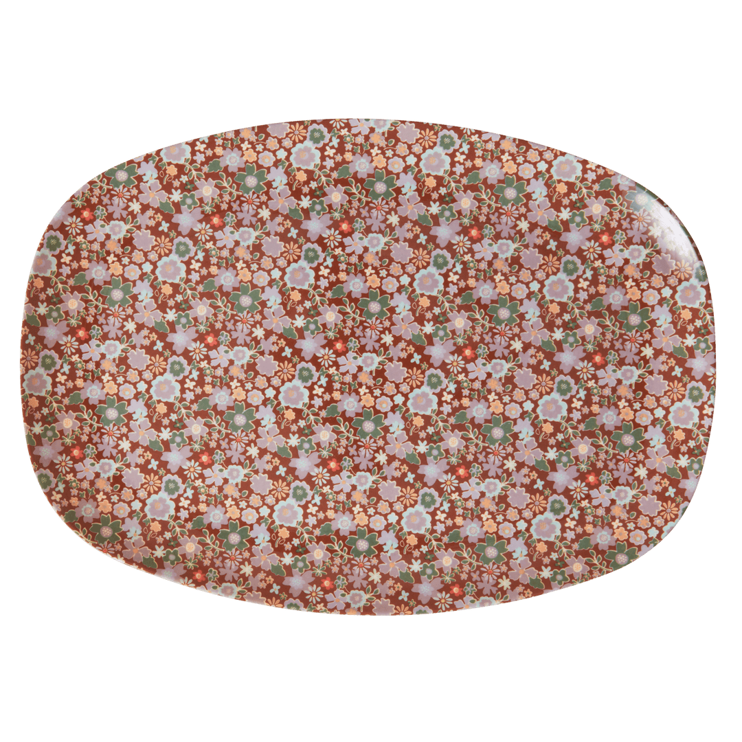Brown flower print melamine rectangular plate by Rice By Rice for parties and everyday meals