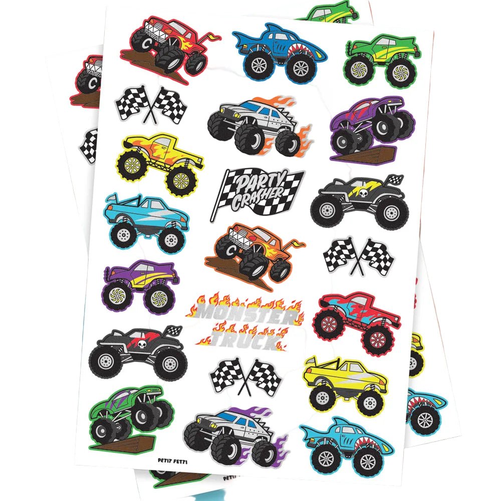 Monster Truck temporary tattoos by xo Fetti applied on arms with monster trucks, flames, and Party Crasher designs