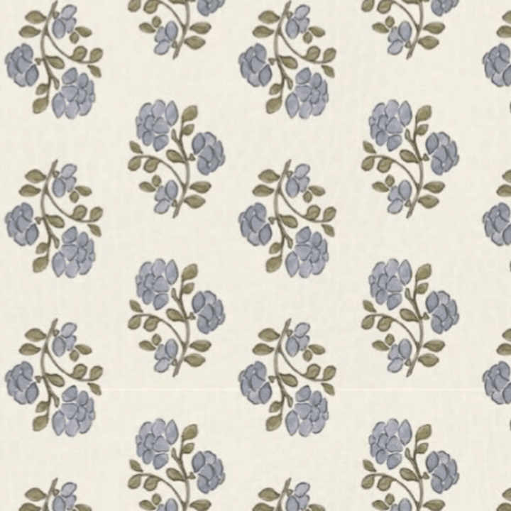 Blue and sage floral block-print pattern swatch on the padded baby play mat.
