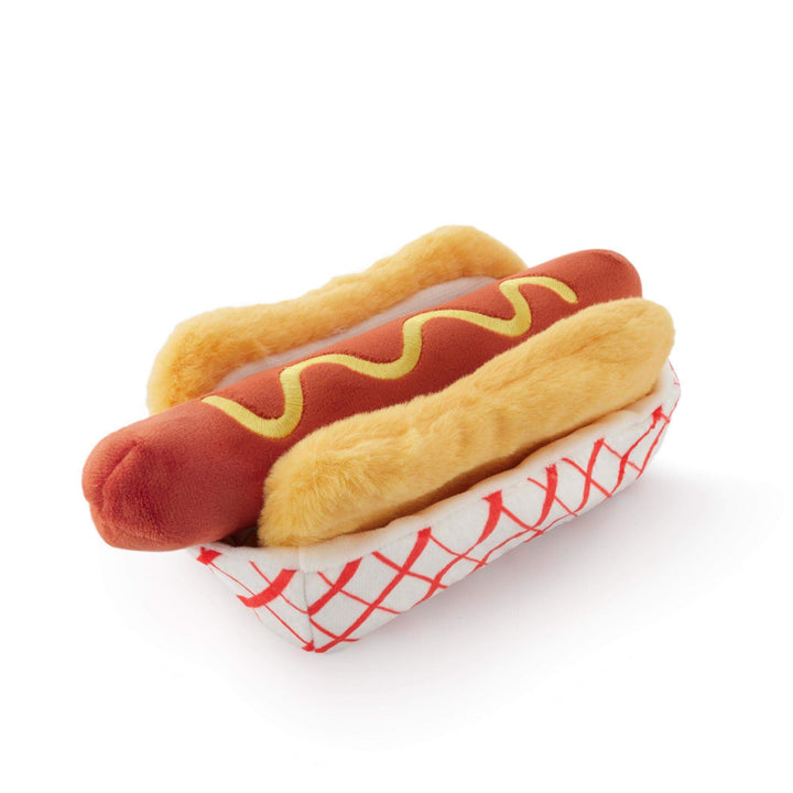 Hot dog interactive dog toy with a removable squeaker ball for active play