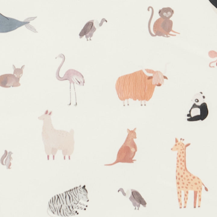 Watercolor animal print padded baby play mat swatch with giraffe, zebra, and flamingo.