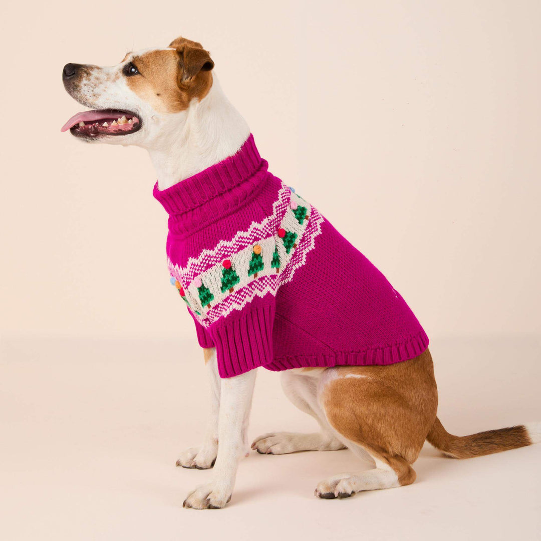 Side view of a seated brown-and-white dog in a magenta turtleneck Christmas sweater.