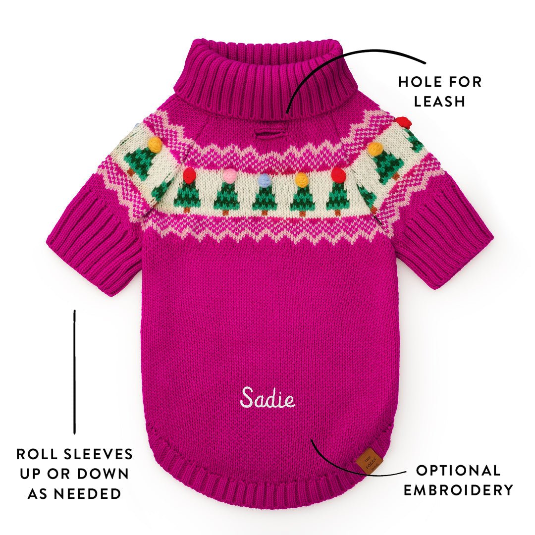 Magenta sweater detail graphic showing leash opening, rollable sleeves, and optional embroidery.