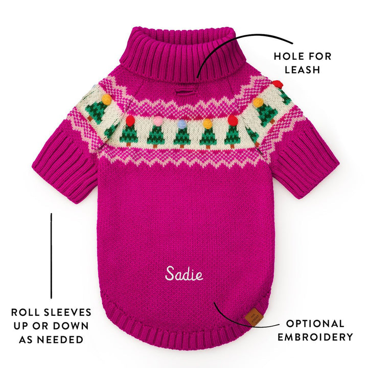Magenta sweater detail graphic showing leash opening, rollable sleeves, and optional embroidery.