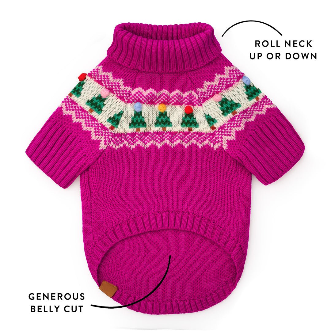 Magenta sweater fit graphic showing its rollable neck and curved belly cutout.