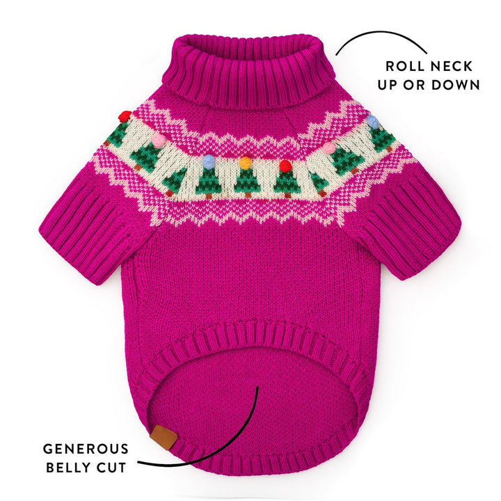 Magenta sweater fit graphic showing its rollable neck and curved belly cutout.