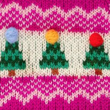 Close-up of knitted green Christmas trees topped with blue, yellow, and red bobbles on a magenta sweater.