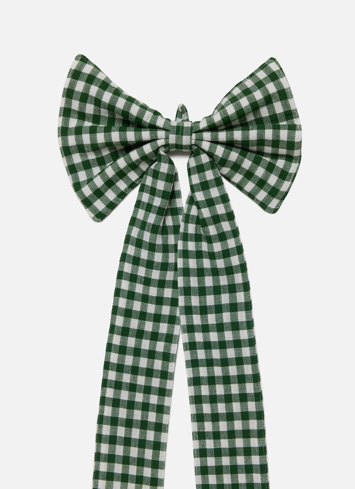 Hunter green and cream mini gingham fabric bow with long tails, 30 inches tall