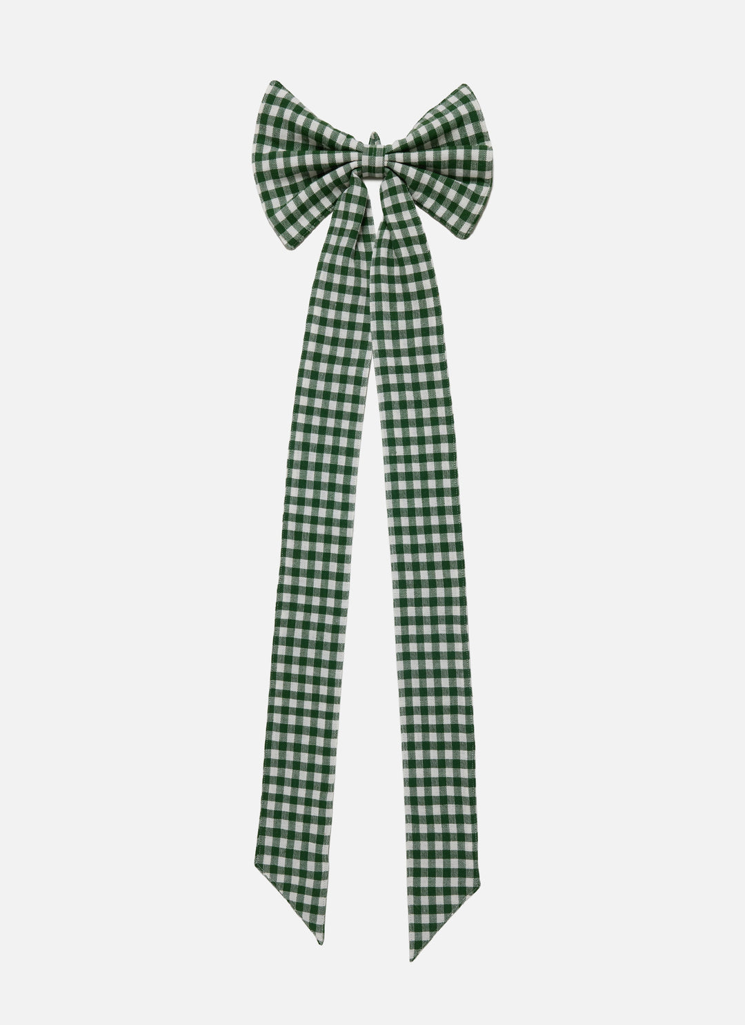 Full hunter green gingham bow showing the sewn hanging loop and the length of the ties