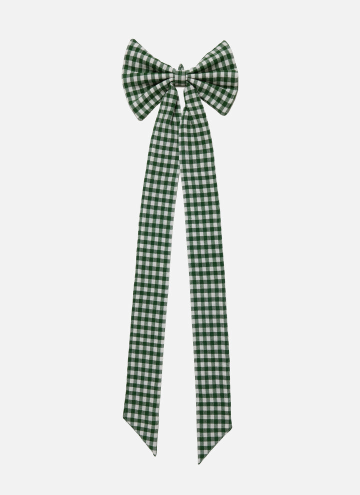 Full hunter green gingham bow showing the sewn hanging loop and the length of the ties