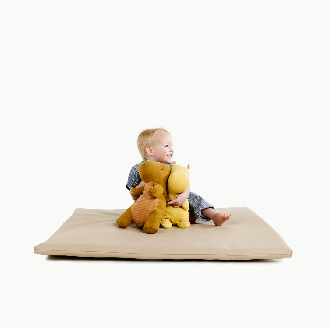 Sand padded baby play mat with a toddler hugging two plush dinosaurs.
