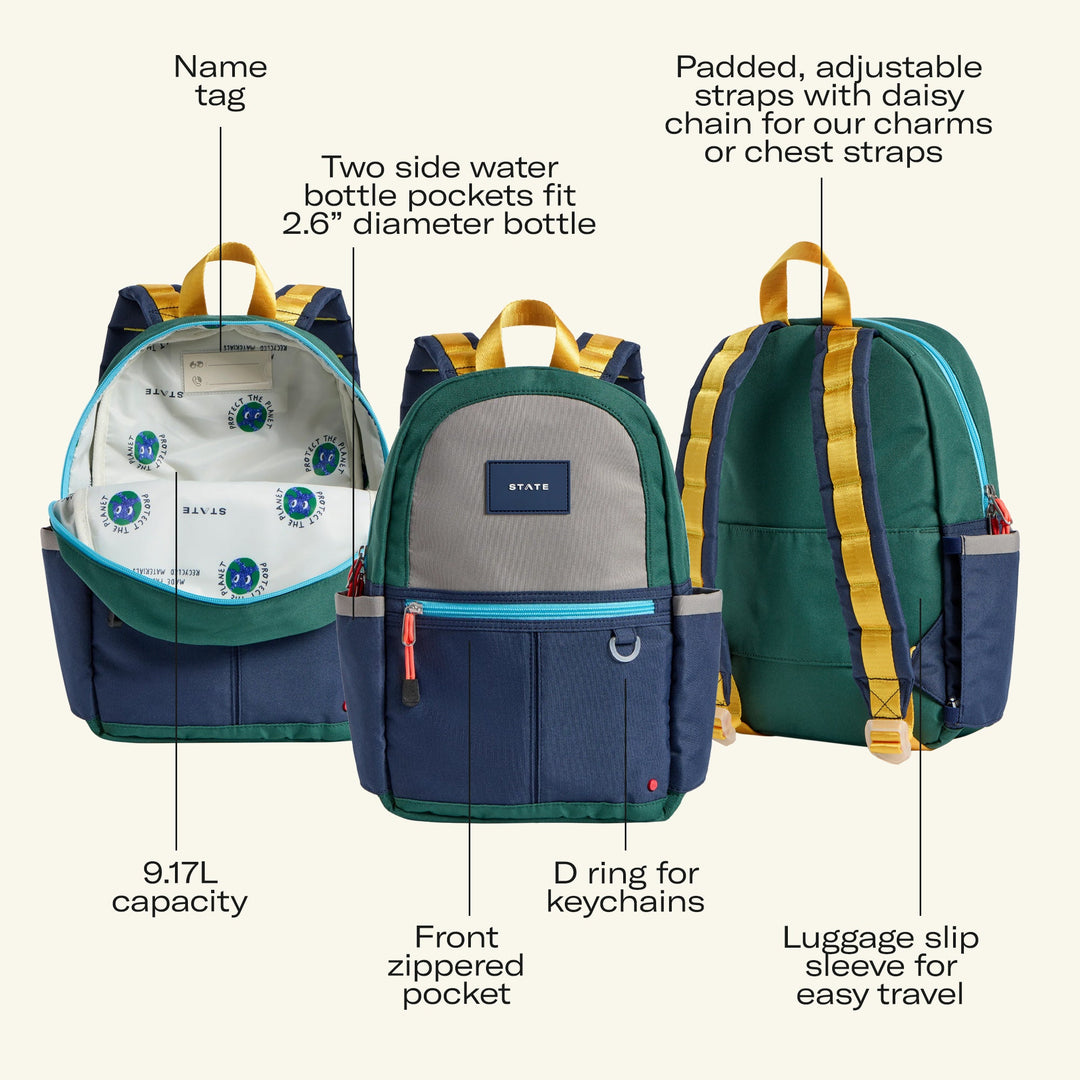 Kane Mini feature callouts on green and navy: 9.17L, bottle pockets, name tag, D ring