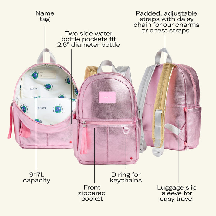 Kane Mini feature callouts in pink metallic: 9.17L, bottle pockets, name tag, D ring