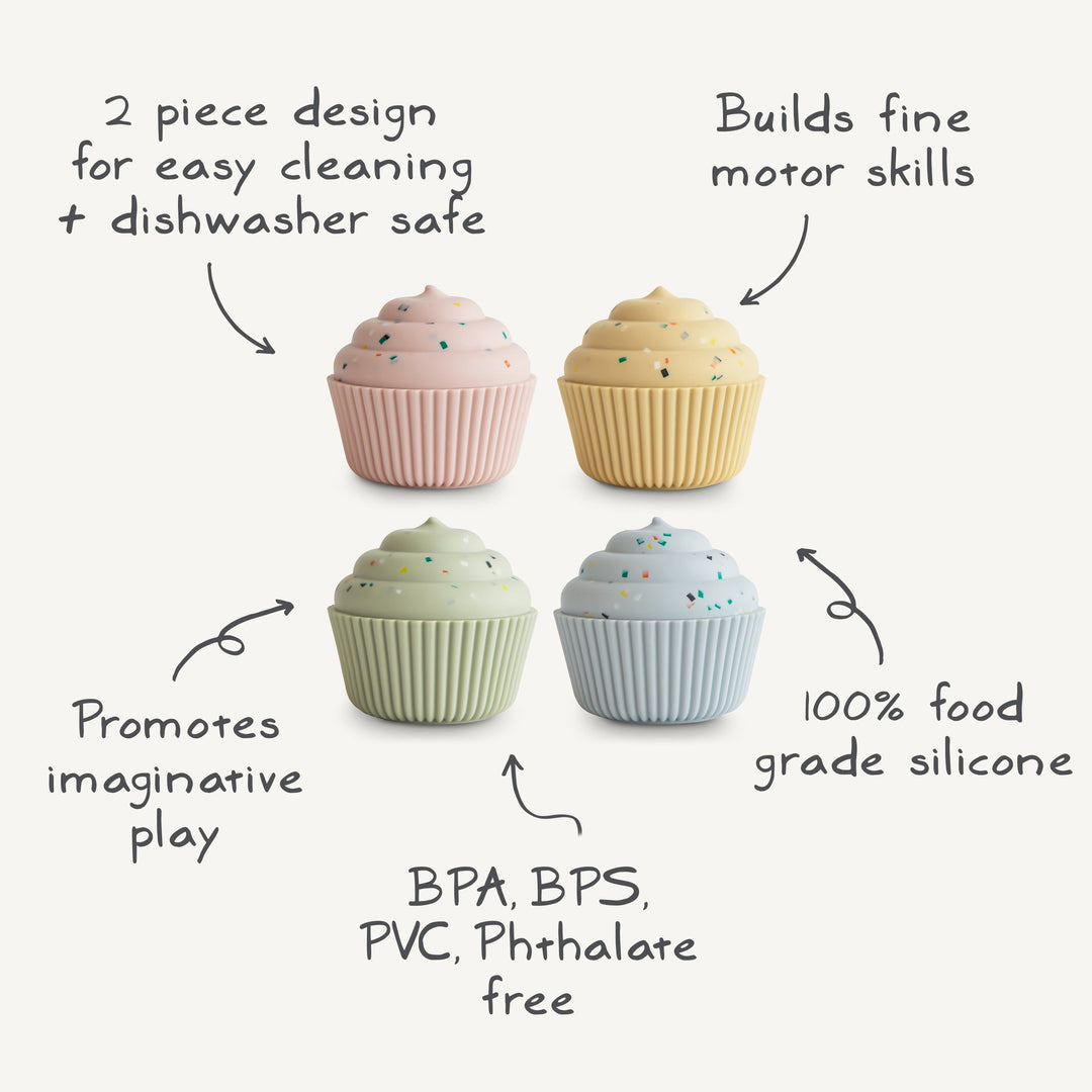 Infographic of the Mushie mix and match cupcakes: soft silicone tops and bases that separate and reattach