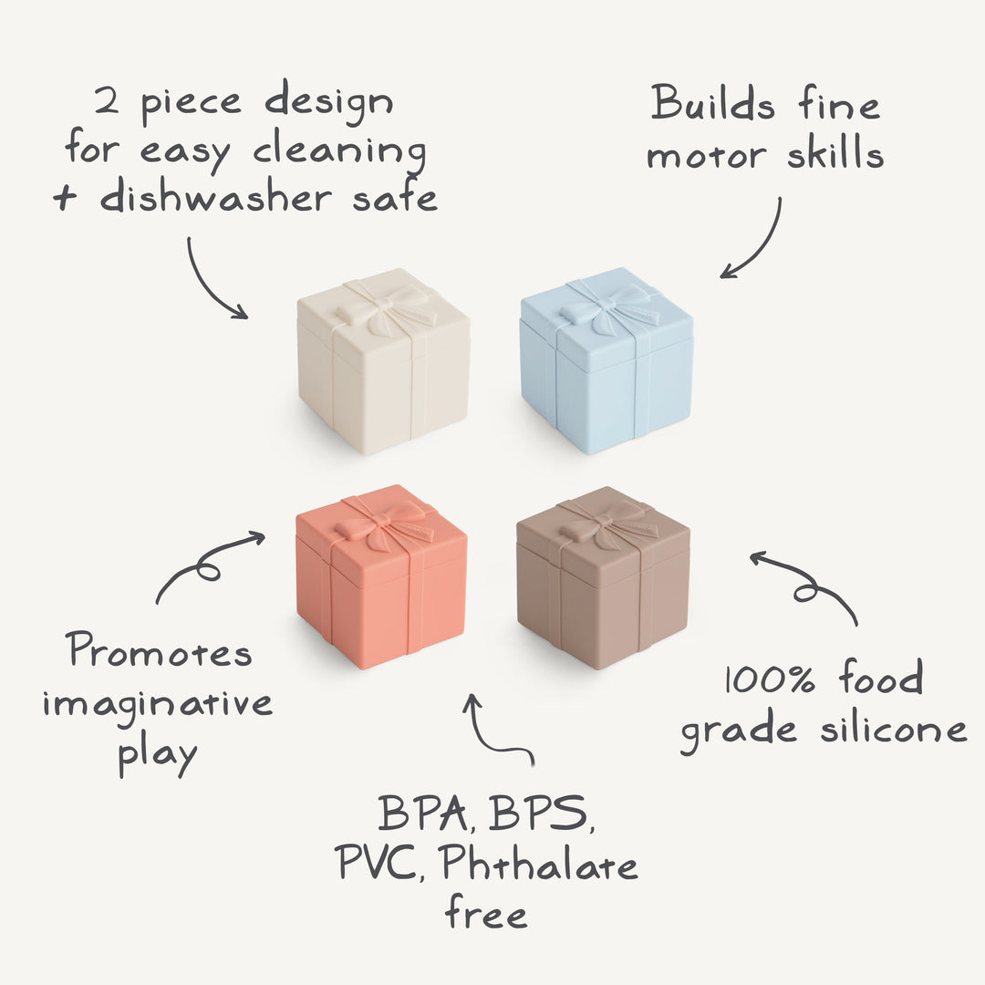 Infographic of the Mushie mix and match present toy: silicone pieces that separate and reattach