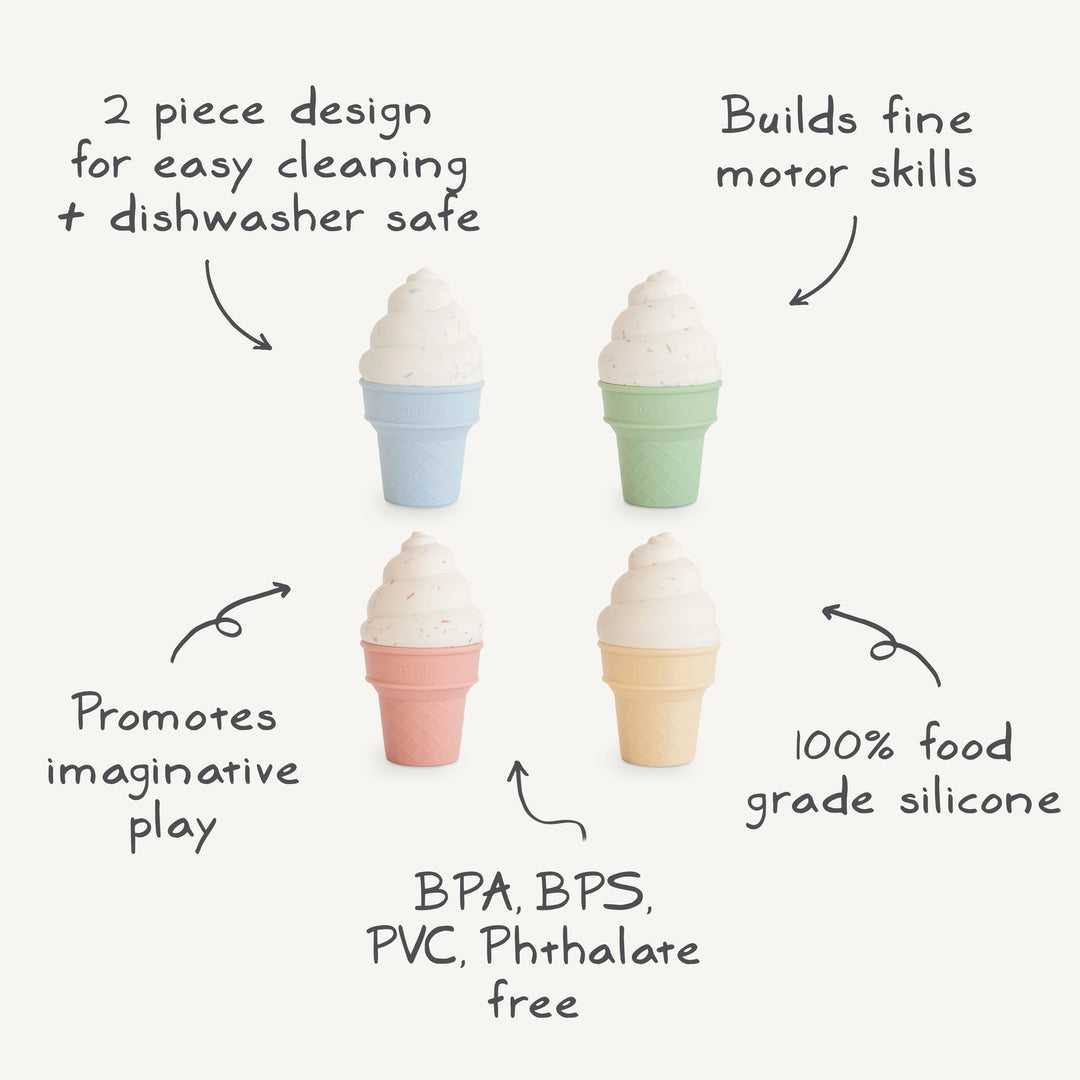 Infographic of the Mushie mix and match ice cream toy: stackable silicone pieces for color matching