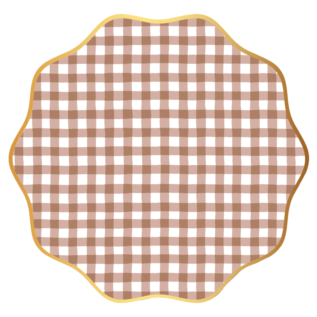 Mocha brown gingham dinner plates with a scalloped edge, set of 8, on a white background for Thanksgiving and fall tables
