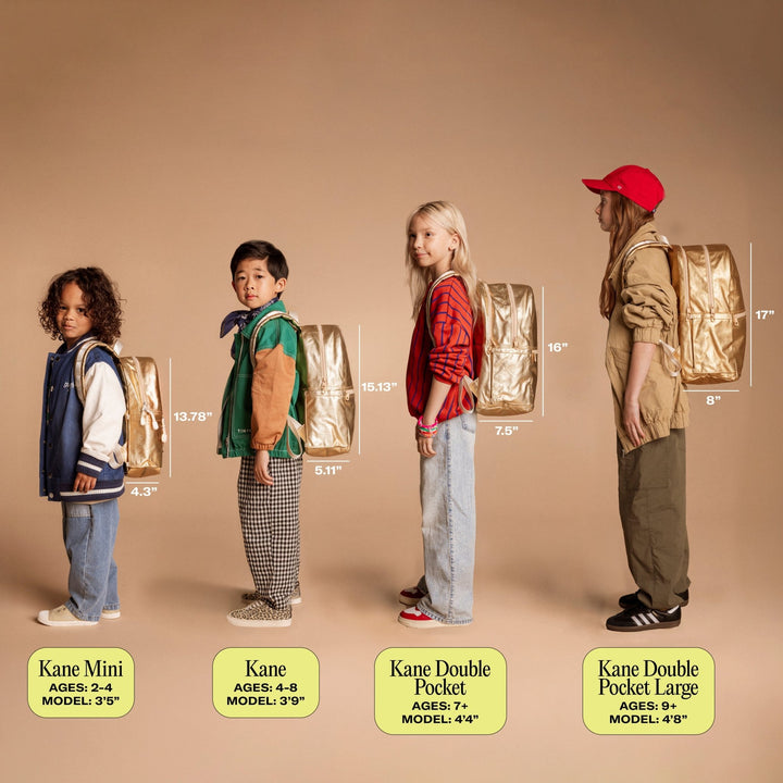 STATE Kane family size lineup on four kids, Kane Mini through Kane Double Pocket Large, for the Cherry Kane