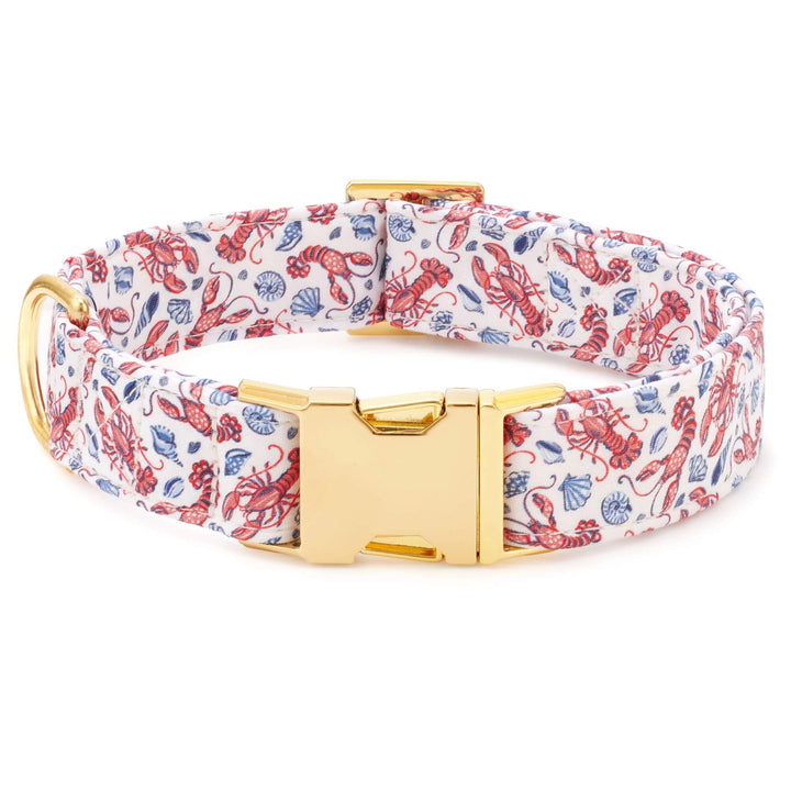 Printfresh Lobster Landing dog collar, front view with brass D-ring