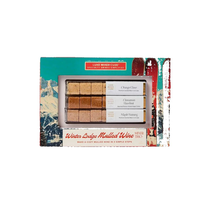 Winter lodge mulled wine mixer cubes box in orange clove, cinnamon hazelnut, and maple nutmeg