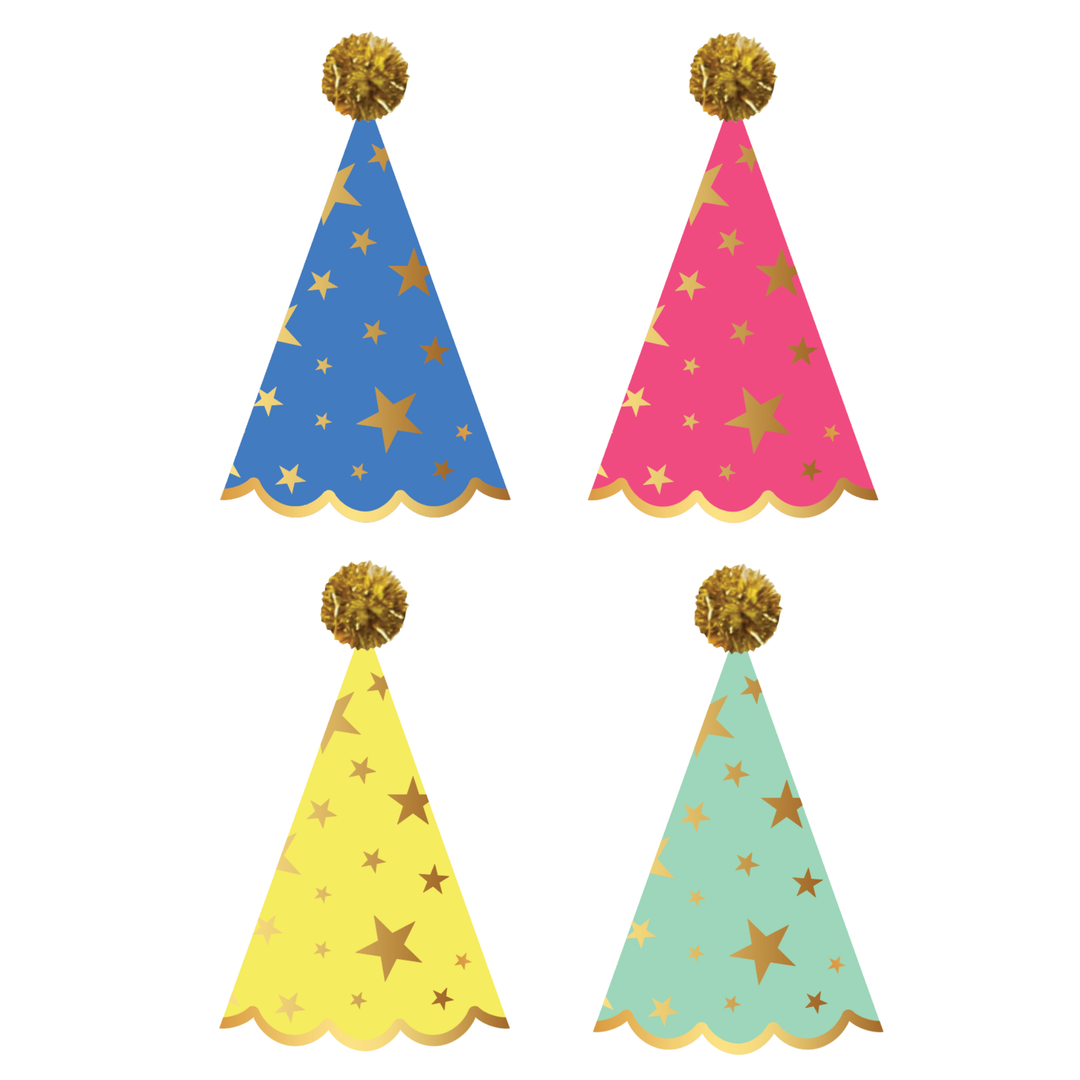 Set of four cone party hats in blue, pink, yellow, and mint with gold stars and pompoms for a birthday party