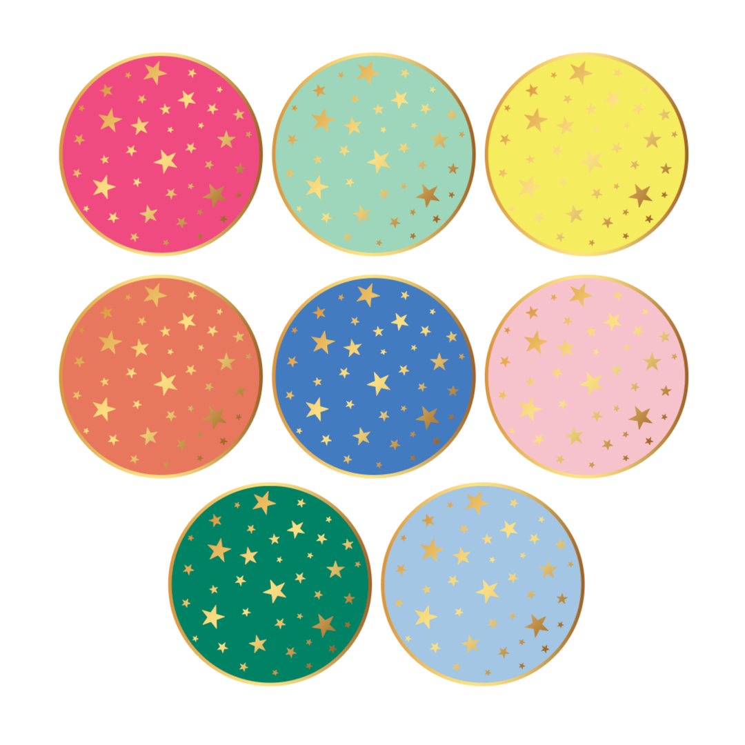 Rainbow star paper plates with a multicolor star print on a round white plate for a kids' birthday or rainbow party
