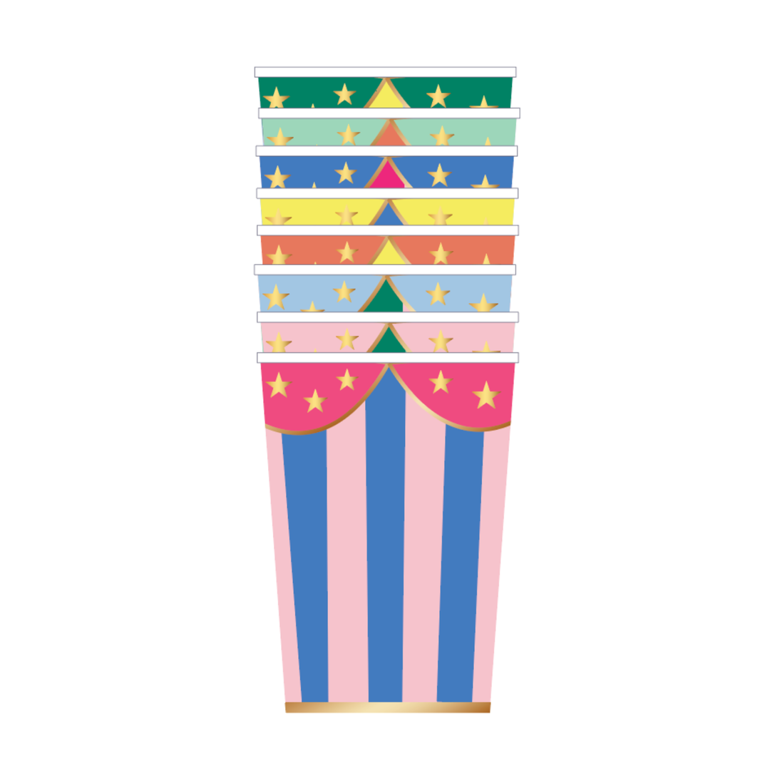 Multicolor stripe paper cups in a big-top circus tent print with gold stars, sold as a set of twelve