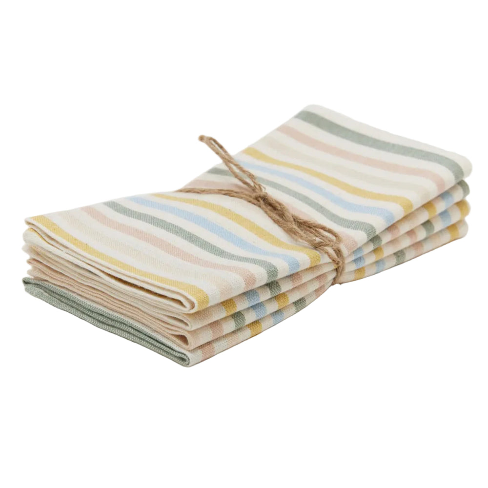 Stack of spring pastel multi stripe cotton napkins tied with twine