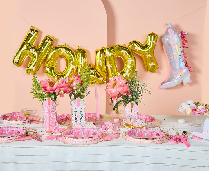 Pink cowboy boot balloons by Packed Party, two confetti-filled balloons for a western or cowboy themed party