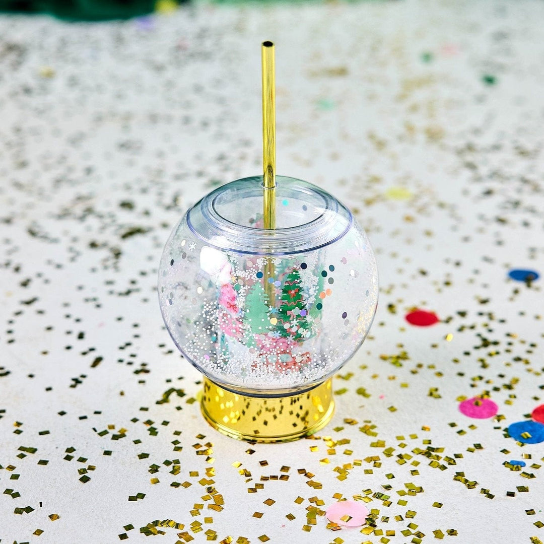 Holiday snow globe sipper cup with a winter wonderland confetti mix for a festive holiday drink