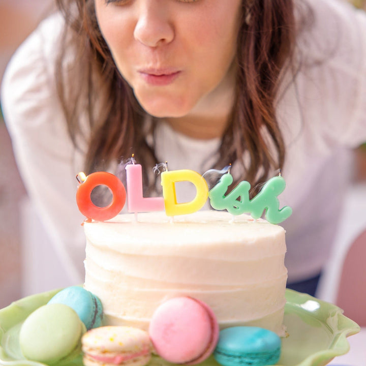 OLDish birthday candle set in colorful letter candles for milestone cakes