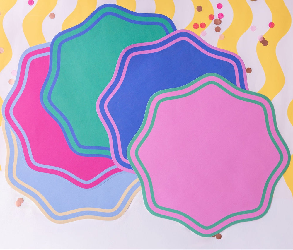 Die cut scalloped paper placemats, 15 inches square in assorted Colorwave shades