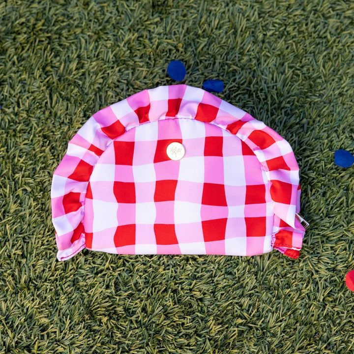 Red gingham check pouch with ruffle trim for picnics and summer outings