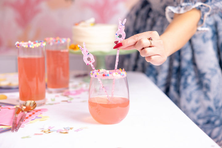 Confetti filled bunny drink stirrers in pink acrylic, set of 4