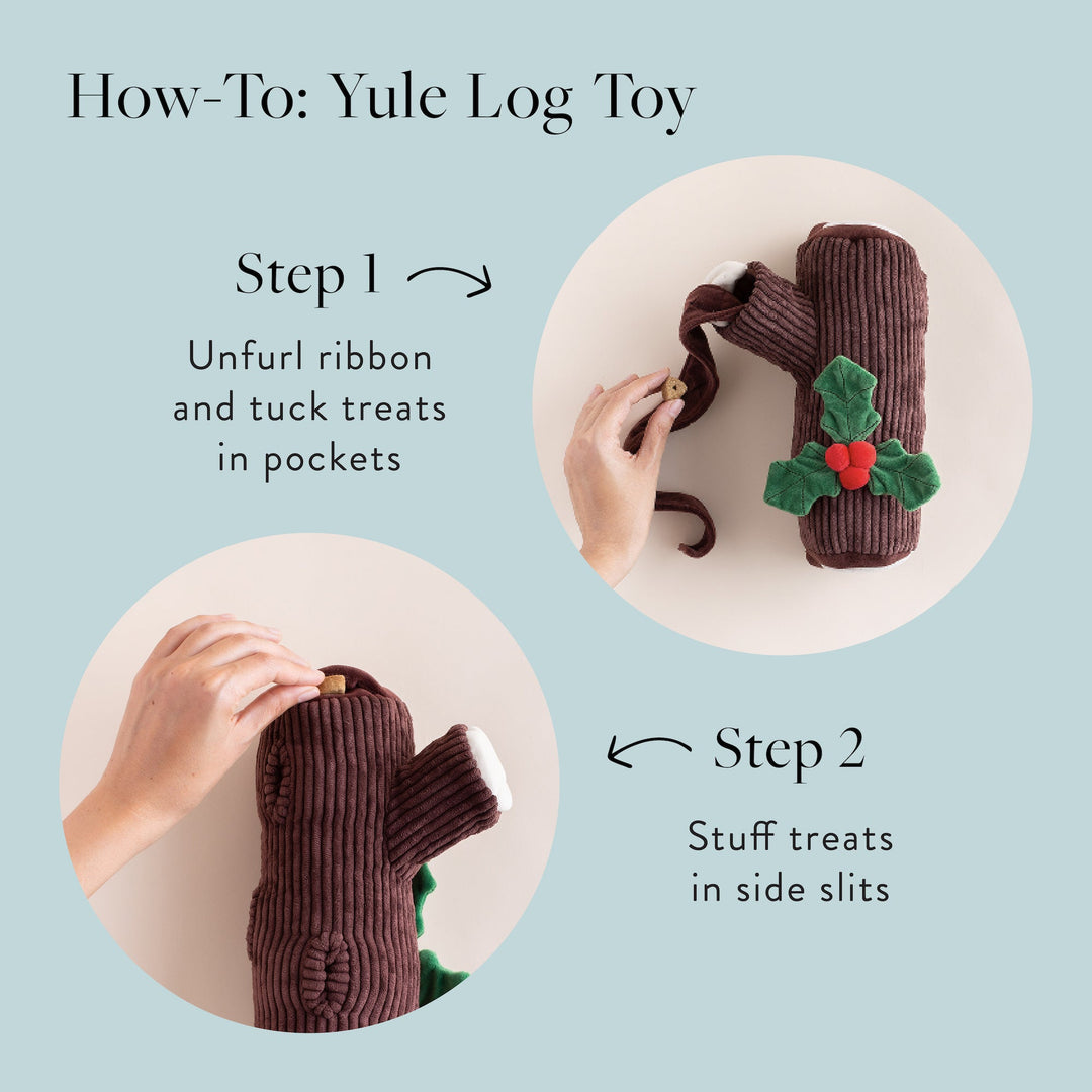 How-to graphic: unfurl the ribbon and tuck treats in pockets, then stuff treats in side slits