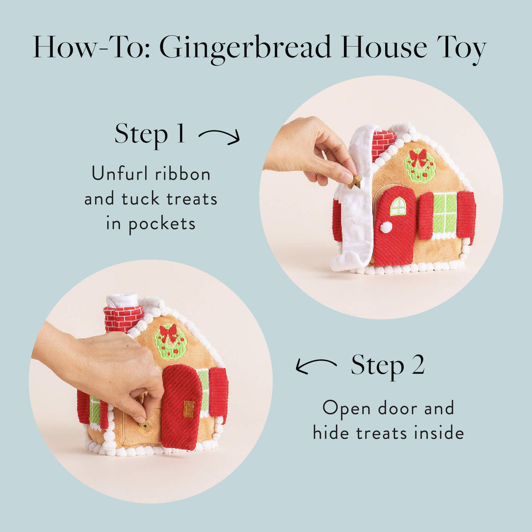 Gingerbread house how-to: unfurl the ribbon and tuck treats, then hide more behind the door