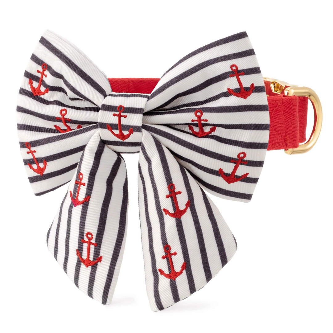 Anchor embroidered lady bow dog collar, side view